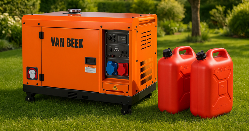 Generador eléctrico diésel VAN BEEK color naranja junto a dos bidones rojos de combustible, ubicado sobre césped verde en un jardín al aire libre.