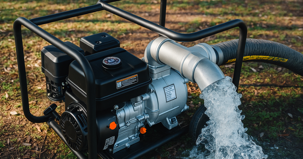 Motobomba de agua funcionando a plena capacidad sobre terreno húmedo, ideal para saber cuántas horas puede operar este equipo en condiciones reales.