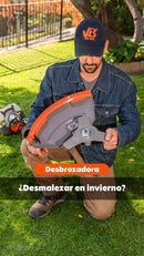 Hombre agarrando el cabezal de una Orilladora desbrozadora color naranja de la marca van Beek en Santiago de Chile.