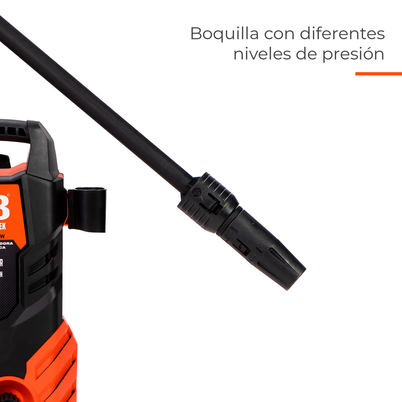 Foto con fondo blanco de una hidrolavadora van Beek 2200w en la cual se muestra su boquilla con diferentes niveles de precisión y uso.