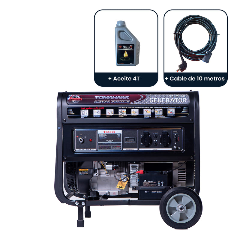 Pack Generador 5.0Kva 21 Amperes de estructura militar de partida electrica con AVR Modelo TG5000E Tomahawk Power + Aceite 4T + Cable 10m con conexiones