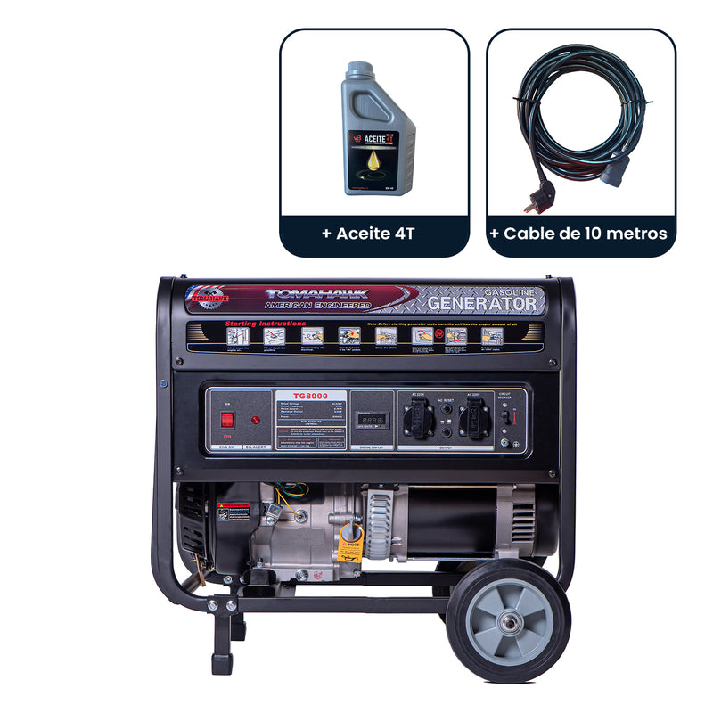 Pack Generador 8.0Kva 30 Amperes de estructura militar de partida manual con AVR Modelo TG8000 Tomahawk Power + Aceite 4T + Cable 10m con conexiones