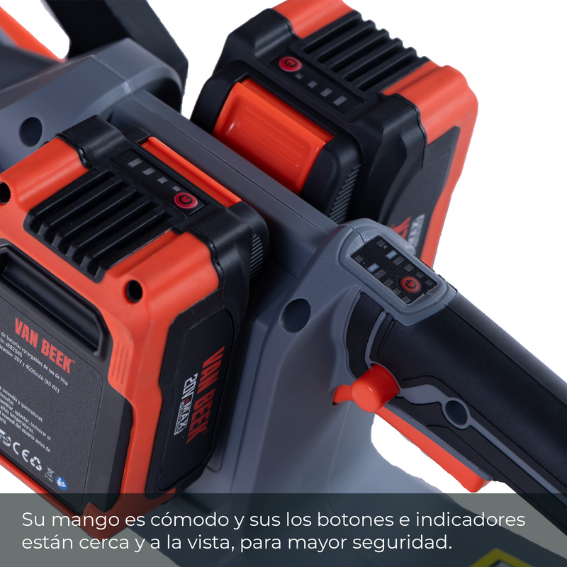 Mango ergonómico con botones accesibles e indicadores visibles para un manejo cómodo y seguro durante el trabajo.