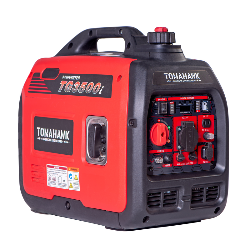Fotografía con fondo blanco de un generador eléctrico Inverter TG3500i color rojo con negro de la marca TOMAHAWK Power.