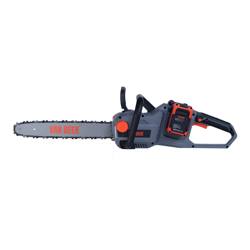 Motosierra eléctrica a batería van Beek de 16 pulgadas con motor potente, ideal para poda, corte de leña y jardinería doméstica en Chile.