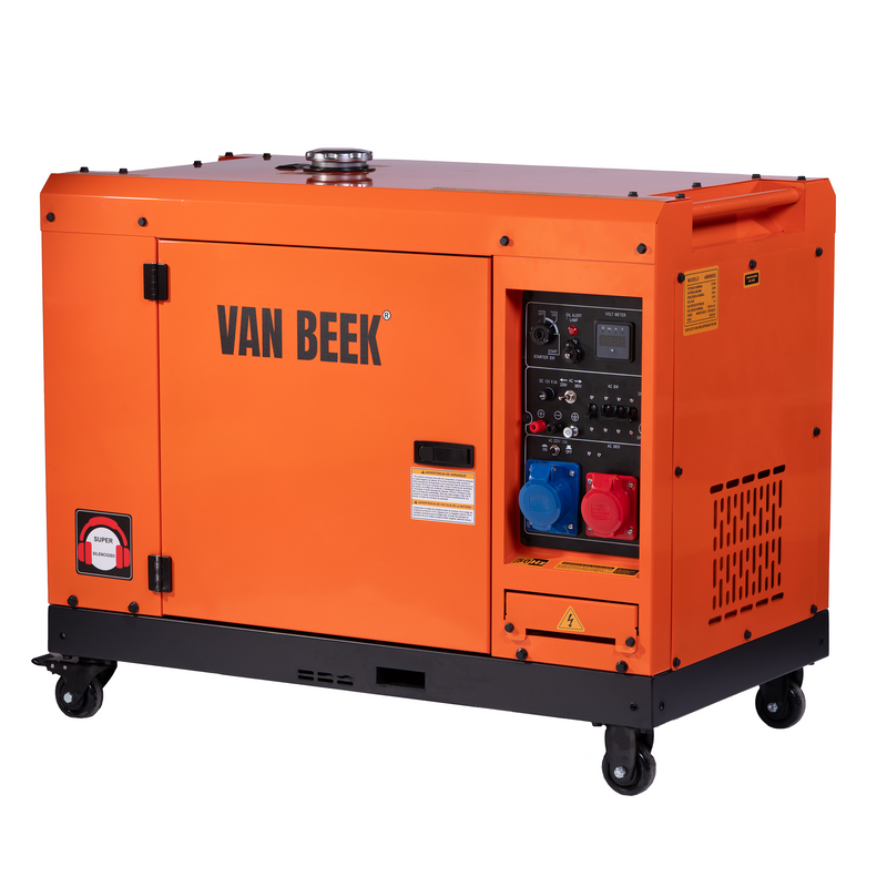 Vista lateral del pack generador diésel 9.0 kVA van Beek con ATS y selector monofásico/trifásico, diseño insonorizado y conexiones visibles.