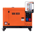 Pack generador diésel 9.0 kVA con ATS monofásico y trifásico van Beek, modelo insonorizado con panel de conexiones y selector de voltaje.