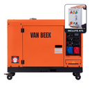 Pack generador diésel 9.0 kVA con ATS monofásico y trifásico van Beek, modelo insonorizado con panel de conexiones y selector de voltaje.