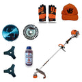 Pack desbrozadora van Beek vB430A con cuchillas de 3 puntas, disco de 40 dientes, aceite 2T, gorro y guantes