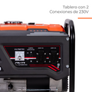 Detalle del tablero del generador van Beek vBG3500 con 2 tomas de corriente de 230V y voltímetro.