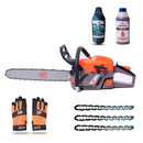 Pack de Motosierra van Beek con sus respectivos aceites de motor, cadenas y guantes. En otras palabras, sus accesorios de uso profesional.