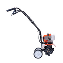 Vista lateral del motocultivador van Beek de 2.6 HP con ruedas y cuchillas para cultivo.